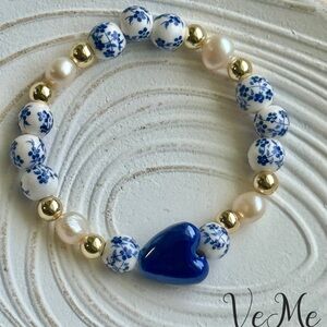 Blue Ceramic stones and Gold Heart Bracelet